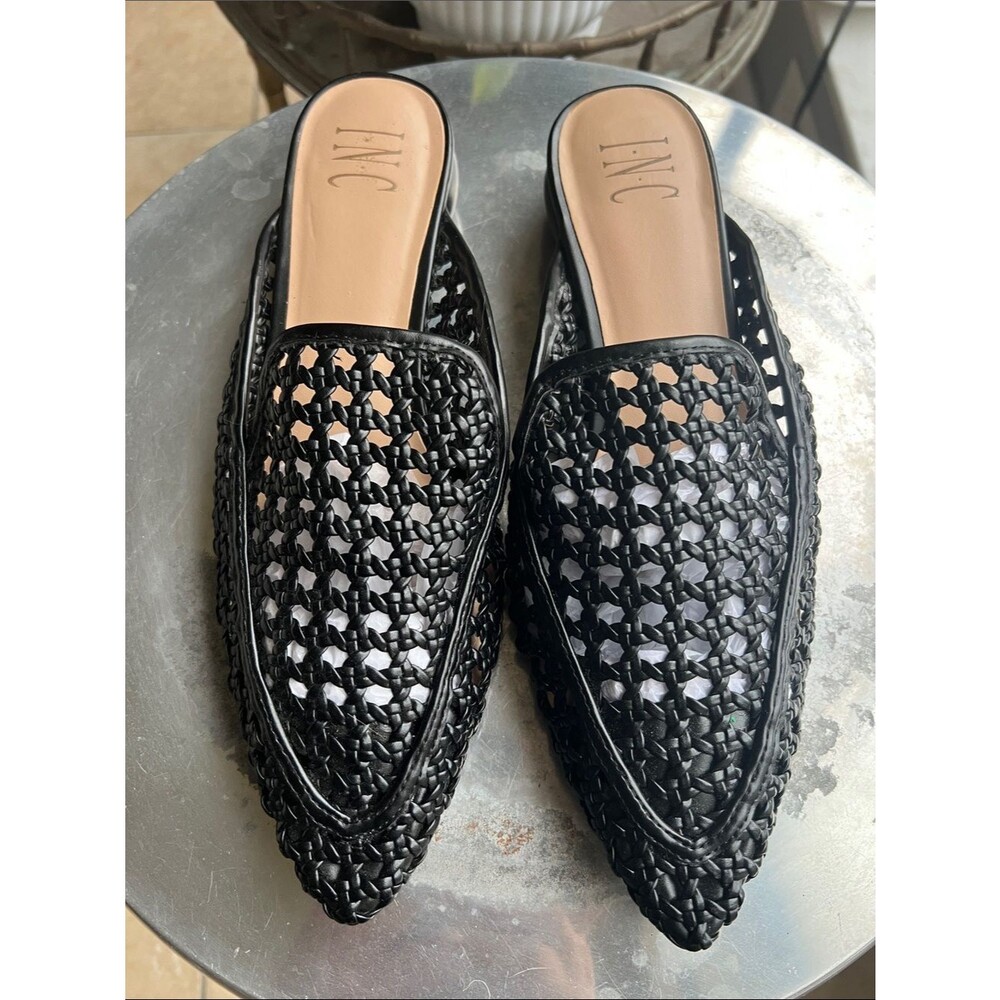 INC International Concepts Black Woven Pointed-Toe Mule Slides